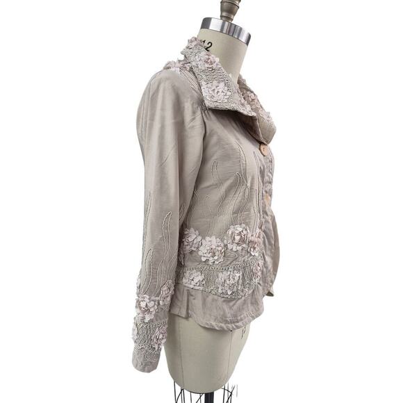 Vtg Damee Inc 3D Beige on Beige Embroidered Flowers Jacket Sz L  Art to Wear - Picture 3 of 4